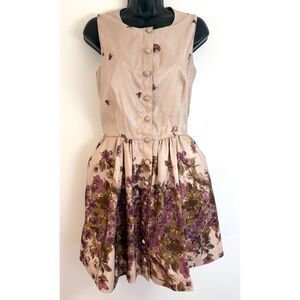 RED Valentino Faille Dress Size 2 Taupe Plum Flower Print Button Front
